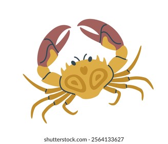 Yellow crab with detailed claws, shell patterns, and thin legs, isolated on a white background, suitable for seafood, marine, and culinary designs. Flat cartoon vector illustration