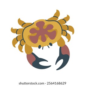 Yellow crab with detailed shell patterns and large black claws, designed in a cartoon style, isolated on a white background, ideal for marine-themed designs. Flat cartoon vector illustration