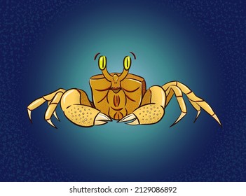 Yellow crab on deep blue background. Vector art illustration for postcard, booklet, flyer, etc.