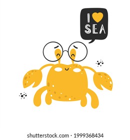 Yellow crab with scandinavian lettering for kids design