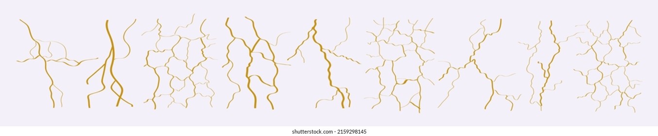 Yellow crack or gold kintsugi texture. Set of lightning flash vector illustration isolated on white background. Broken and imperfect effect, marble surface, decorative elements, abstract destruction