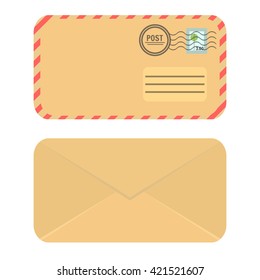 Yellow craft paper closed envelope. Front and rear view. 