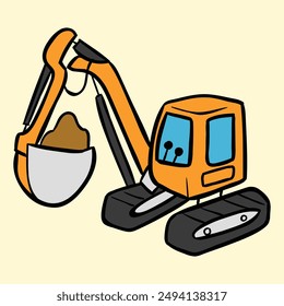 A yellow crane scraping soil