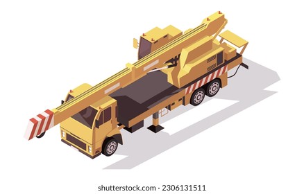 Yellow crane truck in 3D isometric design. Loading building vehicle. Urban constriction service utility transport. Low poly mobile crane on white background. Map element collection. Vector illustrator