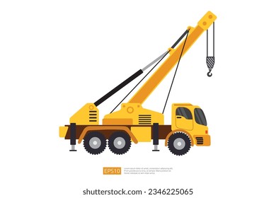 yellow crane truck illustration on white background. Isolated construction vehicle car. heavy equipment commercial transportation vehicle flat vector