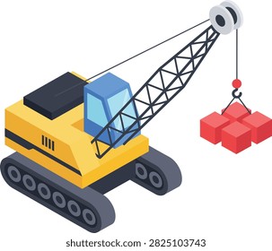 Yellow crawler crane lifting red cubes, isometric construction scene.