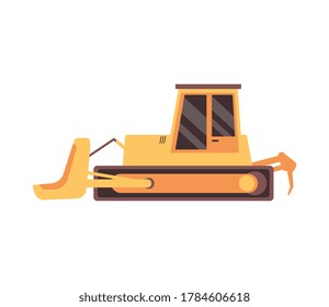 Yellow crawler loader vehicle for construction or mining industry isolated on white background. Flat vector illustration of excavator machine with scoop shovel.