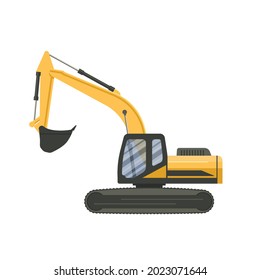 excavadora de pista de rastreador amarilla aislada sobre fondo blanco transparente. Ilustración de diseño plana vectorial. Vista lateral.