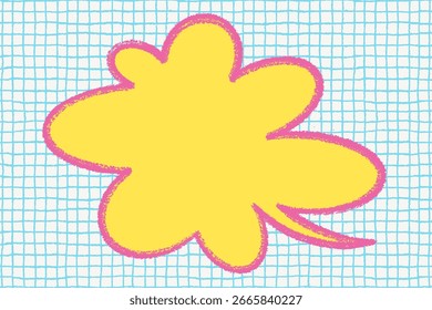 Burbuja de discurso de crayón amarillo con contorno rosa sobre fondo de cuadrícula azul. Marco de forma de nube dibujado a mano para texto en estilo pop art juguetón. Ideal para cómics, carteles y diseños creativos
