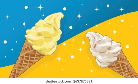 Yellow and cream colored ice cream cone on blue and orange background