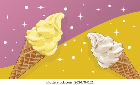 Yellow and cream ice cream cone on pastel pink and orange background