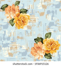 yellow and cream vector flowers bunches pattern on texture blue background