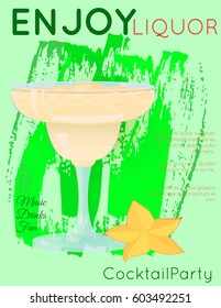 Yellow creamy cocktail in margarita glass with star fruit on grunge green texture.Cocktail illustration on bright contemporary flat background. Design for cocktail menu. Template for cocktail party.