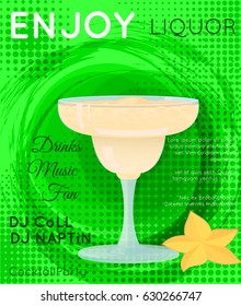 Yellow creamy cocktail in margarita glass with star fruit on grunge green circle with halftone texture.Cocktail illustration on bright contemporary flat background. Template for cocktail party.