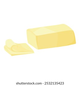 Yellow creamy piece of butter isolated  on white background. Fresh dairy milk product: butter, margarine or spread. Butter briquette organic farm. Vector illustration