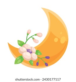 Yellow Crescent as Celestial Body with Flower Adornment Vector Illustration