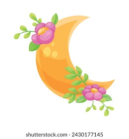 Yellow Crescent as Celestial Body with Flower Adornment Vector Illustration