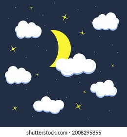 Yellow crescent, cloud and star on dark blue background. Cartoon vector illustration