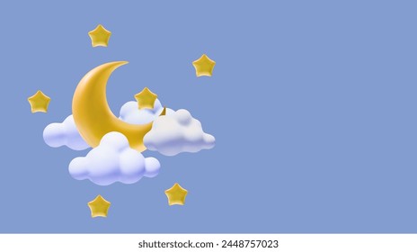 Yellow crescent in clouds and stars on blue background. 3d cartoon icon. Sleep background time, night, dream. Vector illustration