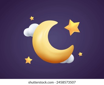 Yellow crescent in clouds and stars on dark blue background 3D illustration. Ramadan Kareem Horizontal Banner. 3D Moon icon. Concept sleep time, night, dream