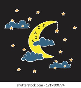 luna dibujada a mano y nube con estrellas de fondo nocturno.