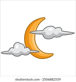 Yellow crescent moon with clouds
