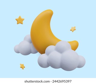Yellow crescent moon with clouds on background of starry sky