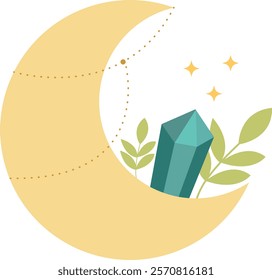 Yellow crescent moon with dotted lines, green crystal, leaves, and four yellow stars