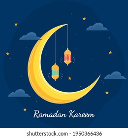 Luna De Creciente Amarillo Con Linternas Colgadas Y Estrellas En Fondo Azul Para El Concepto Ramadan Kareem.