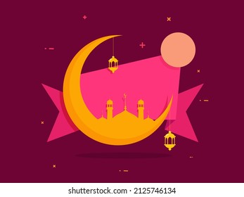 Luna De Creciente Amarillo Con Mezquita, Faroles Cuelgan Y Cinta Vacía En Fondo Oscuro Rosa Para El Concepto De Festival Islámico.
