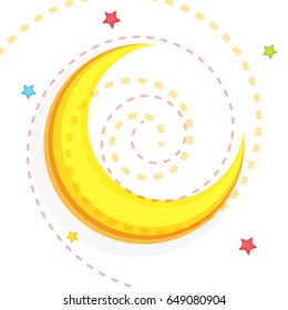 Yellow Crescent Moon on colorful stars decorated abstract background for Muslim Community Festivals concept.