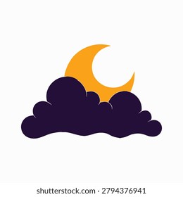Yellow crescent moon peeking behind dark purple clouds