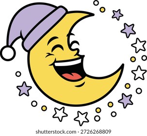 Luna creciente amarilla con un sombrero y estrellas centelleantes en estilo Vector plano. Ideal para pegatinas para niños, decoración de guardería, pijamas y diseños de cuentos para la hora de dormir.
