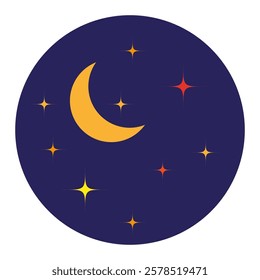 Yellow crescent moon. Sparkling star pattern. Deep blue background. Night vector symbol.