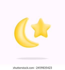yellow crescent moon and stars, 3d vector illustration