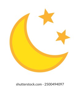 Yellow crescent moon with stars icon on white background. Night icon. Crescent moon icon. Minimalist style.