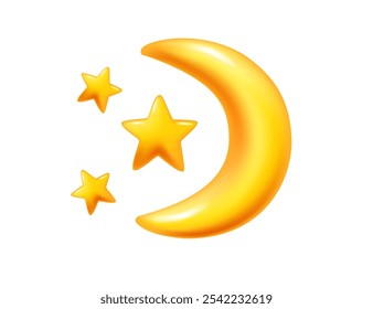 Yellow crescent moon with stars, representing night sky and celestial themes. Great for children's designs, bedtime stories, or dream-related projects. Vector illustration.