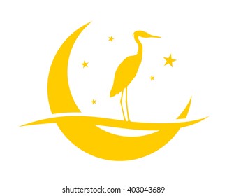 yellow crescent moon stork heron crane egret heron bird silhouette image icon