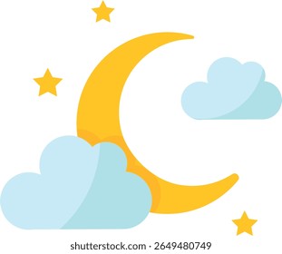 Lua crescente amarela cercada por três estrelas e duas nuvens azuis, ilustradas em um estilo de vetor plano, ideal para temas de dormir, conteúdo infantil ou visuais noturnos de sonho