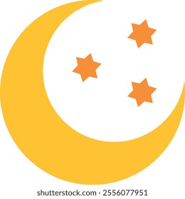 Yellow crescent moon with three orange six-pointed stars inside the crescent, creating a visually appealing celestial design.