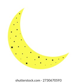 Luna creciente amarilla con la ilustración negra minúscula de las estrellas aislada en fondo transparente