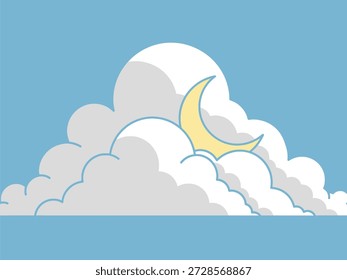 Lua crescente amarela visível atrás de um aglomerado de nuvens brancas