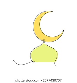 Yellow crescent over the green dome mosque vector illustration. Single line crescent and mosque. Islamic design element.