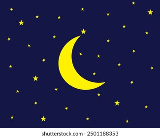 Yellow crescent with sparkling stars at night. Atmosphere, cartoon, climate, cloudscape, graphic, illustration, meteorology, nature, sky, vector and weather.