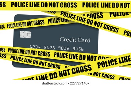 Yellow crime scene tape is seen covering a generic credit card on a white background. This is a 3-d illustration about stolen credit cards or credit card information. 