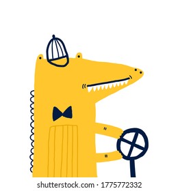 Yellow crocodile driver holds the steering wheel. Can be used for shirt design, fashion print design, kids wear, textile design, greeting card.