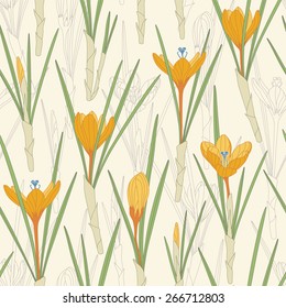 yellow crocuses on a white background in seamless pattern