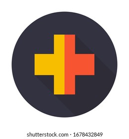 La cruz amarilla en un círculo azul oscuro, que se usa para referirse a la medicina con sombras. Icono de diseño plano.