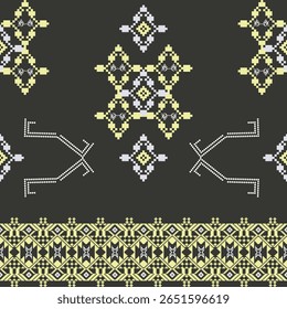 Ponto de cruz amarelo boho étnico em um fundo preto padrão sem costura. Textura de retalhos. Tecelagem. Ornamento tradicional. Padrão tribal. Padrão de pixel. Para têxteis e fronteiras elaboradas.