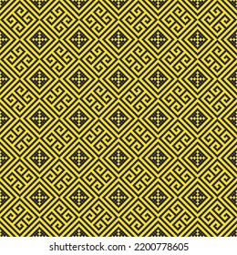 Gelbe Kreuzstickermuster auf schwarzem Hintergrund. Gelbe quadratische Punkte auf schwarzem Hintergrund. Farbiges Stoffmuster Design zum Verkauf. Handwerkskunst knettieren.
